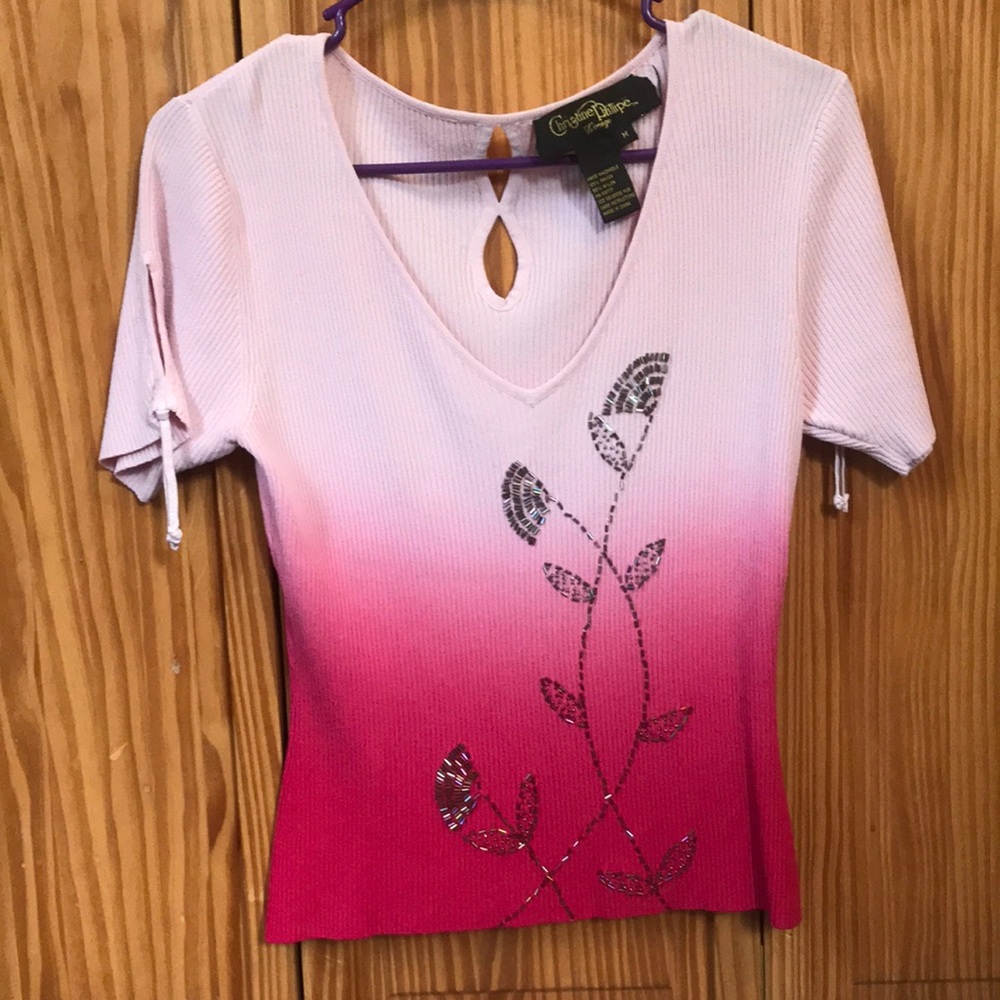 Vintage light and hot pink ombré floral beaded cutout  top womens medium